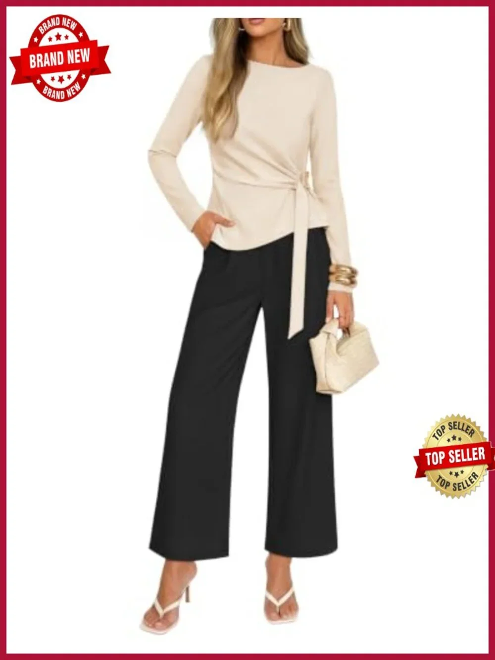 2 Piece Dressy Pant Set Women Work Office Outfit Long Sleeve Ruched Top Wide
